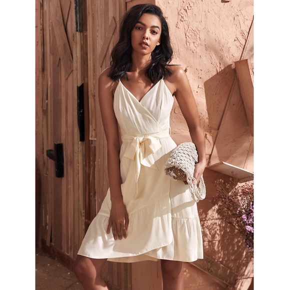 Rouge! Dresses & Skirts - Ruffle Detail Belted Wrap Beige Dress